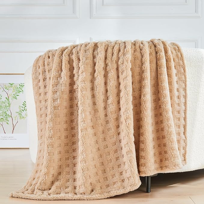 NEWCOSPLAY Super Soft Twin Blanket Brown Premium Silky Flannel Fleece 3D Waffle Checkered Lightweight Bed Blanket All Season Use (Brown, Twin(60"x80"))