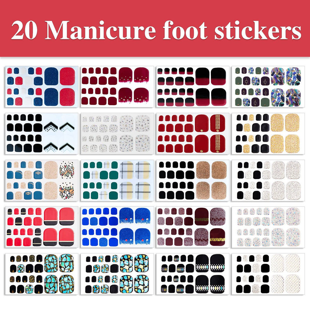 WOKOTO 20 Sheets 440 Pcs Toe Nail Polish Stickers for Toes Nail Full Wraps Glitter Nail Polish Strips Gel Nail Strips Wraps Mermaid Gel Strips for Women