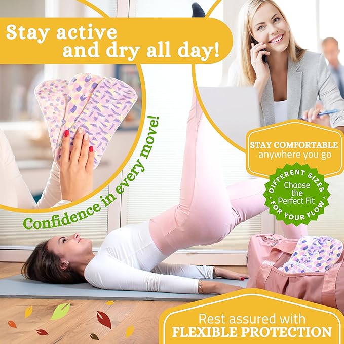Non-Slip Premium Reusable Period Pads for Heavy Flow & Incontinence (L+XL, 6-Pack); High-Temp Organic Cotton Washable Cloth Pads for Women; Non-Irritating Reusable Pad Menstrual for Comfortable Care