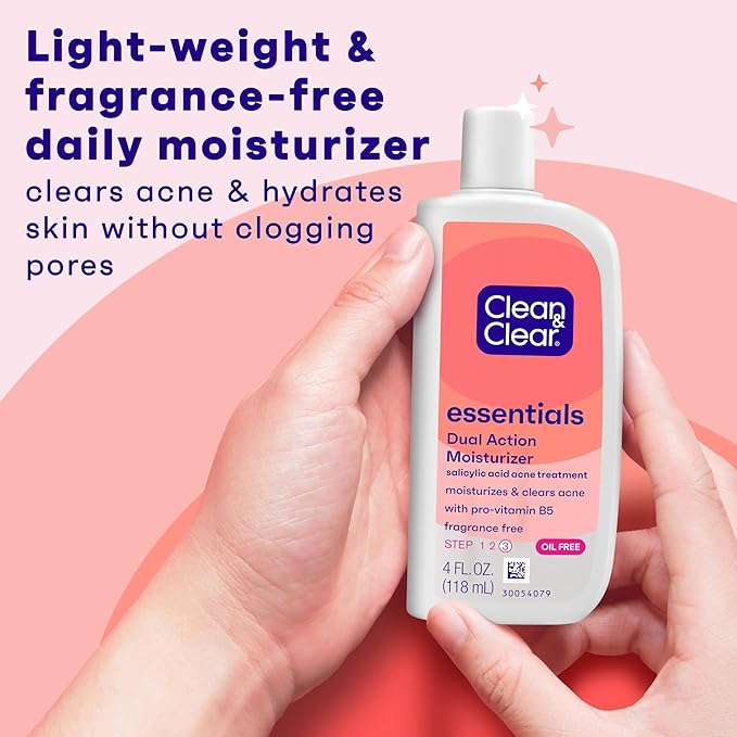 Clean & Clear Essentials Dual Action Oil-Free Facial Moisturizer, Salicylic Acid Acne Treatment with Pro-Vitamin B5 Moisturizes While Treating Acne & Helping to Prevent Pimples, 4 fl. oz, 3 Pack