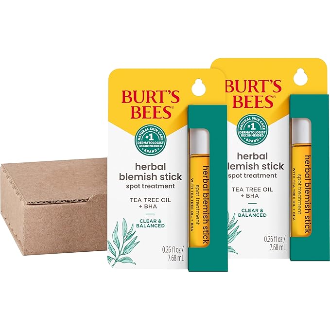 Burt’s Bees Clear and Balanced Herbal Blemish Stick, with Tea Tree Oil, On-the-Go Blemish Care, Unclogs Pores, Use with Skincare Products, 2-Pack, 0.26 fl. oz.