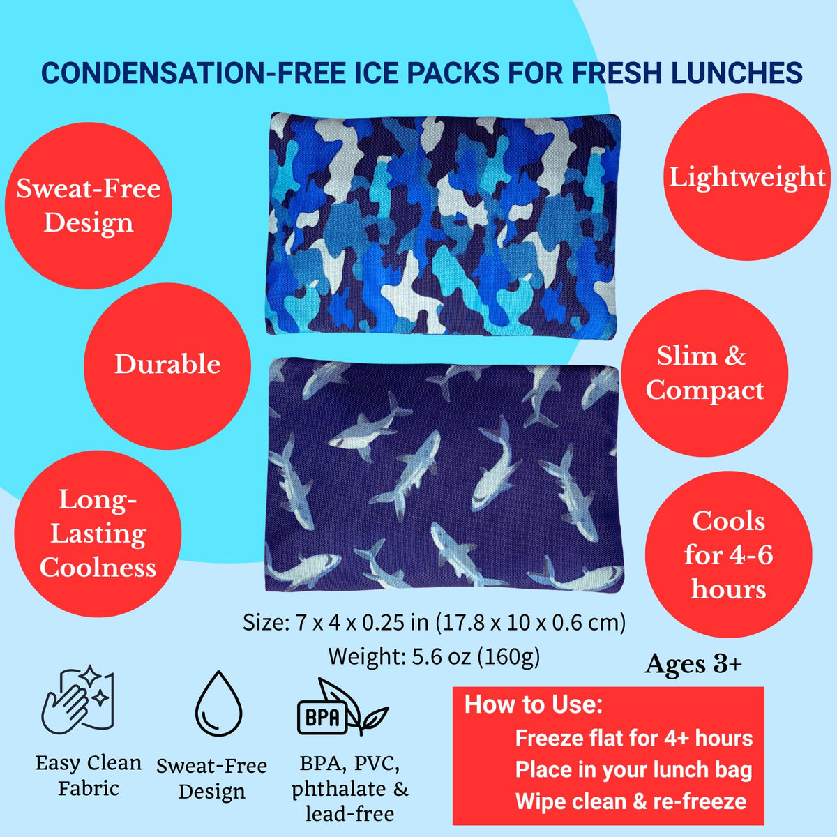 Yumbox Reusable Soft Gel Ice Packs for Lunch Boxes – Sweatproof Kids Lunchbox Ice Packs (Set of 2, 6.5″ × 7.5″)(Camo & Shark)