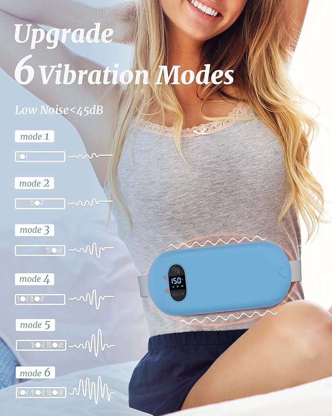 Portable Heating Pad for Cramps, Upgrade Cordless Electric Period Fast Heating Pad for Back Pain Relief Menstrual Belt 6 Heat 6 Massage Modes Gifts for Women Girls Her Girlfriend Blue