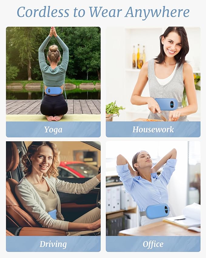 Portable Heating Pad for Cramps, Upgrade Cordless Electric Period Fast Heating Pad for Back Pain Relief Menstrual Belt 6 Heat 6 Massage Modes Gifts for Women Girls Her Girlfriend Blue
