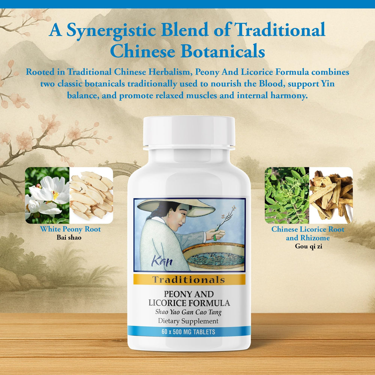 Kan Herbs Company Peony & Licorice Formula Tablets – Traditional Chinese Herbal Blend with White Peony Root & Chinese Licorice to Support Liver Balance, Muscle Comfort & Digestive Harmony, 60 Tablets