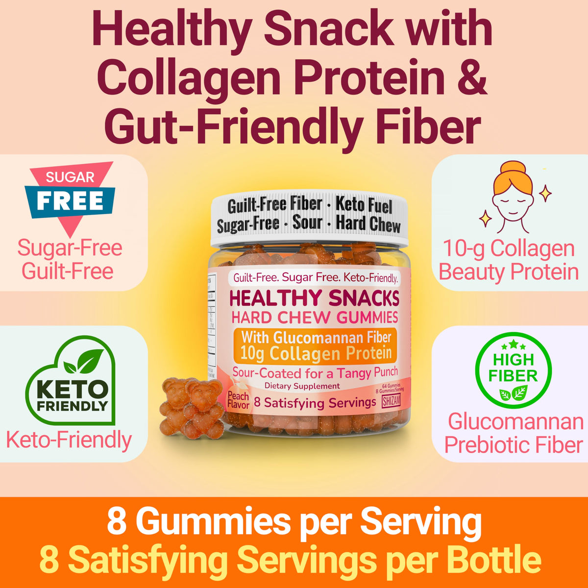 High-Fiber Keto Snacks, Healthy Snacks for Adults, Collagen Protein Keto Snack, Healthy Fiber Snack Gummies, Gluten Free No Sugar Low Calorie Low Carb Fat Free Gummy Candy, Bovine Collagen Peptides