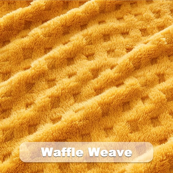 NEWCOSPLAY Super Soft Throw Blanket Yellow Premium Silky Flannel Fleece 3D Waffle Checkered Lightweight Bed Blanket All Season Use (Mustard Yellow, Throw(50"x70"))