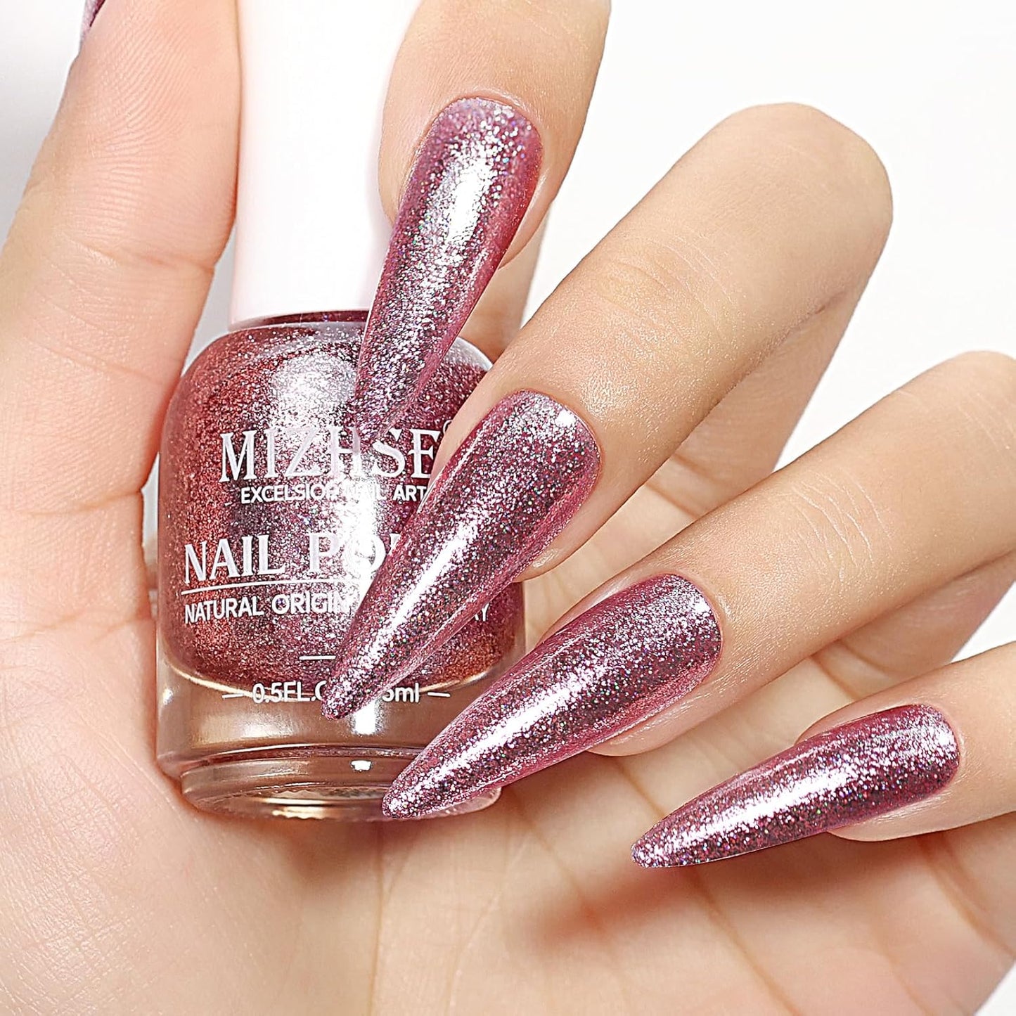 MIZHSE Quick Dry Glitter Pink Nail Polish, Shimmery Nail Polish Air Fast Drying, 15ml High Glossy Sparkly Shiny Nail Lacquer Nail Art Salon Manicure Home