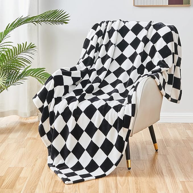 SOCHOW Checkered Flannel Throw Blanket, Soft Cozy Checkerboard Grid Pattern Fleece Blanket for Couch Bed Sofa, Black 60 x 80 Inches