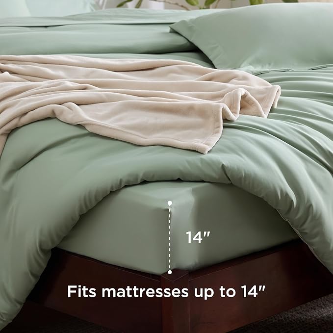 Bedsure Twin Comforter Set Sage Green, 6 Pieces Prewashed Twin Size Bed in a Bag with Soft Fleece Bed Blanket, Down Alternative Bedding Set for All Seasons, Sheets, Pillowcase & Sham