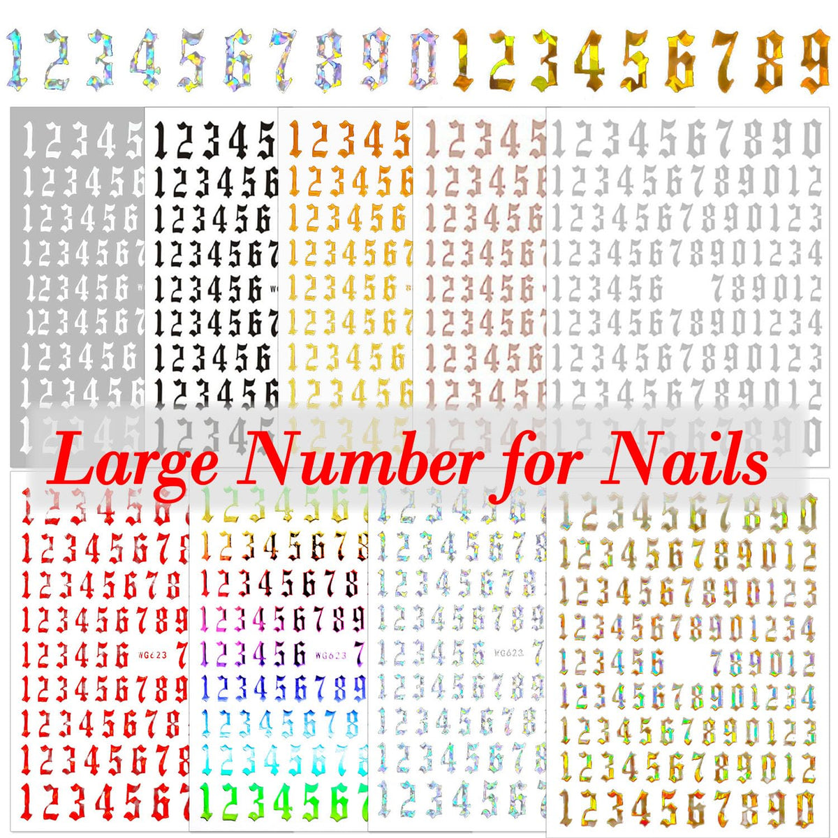SILPECWEE 9 Sheets Number Nail Stickers Tips 3D Laser Nail Decals for Women Self Adhesive Nail Art Stickers Manicure Design Sticker Nails Decoration with 1Pc Tweezers