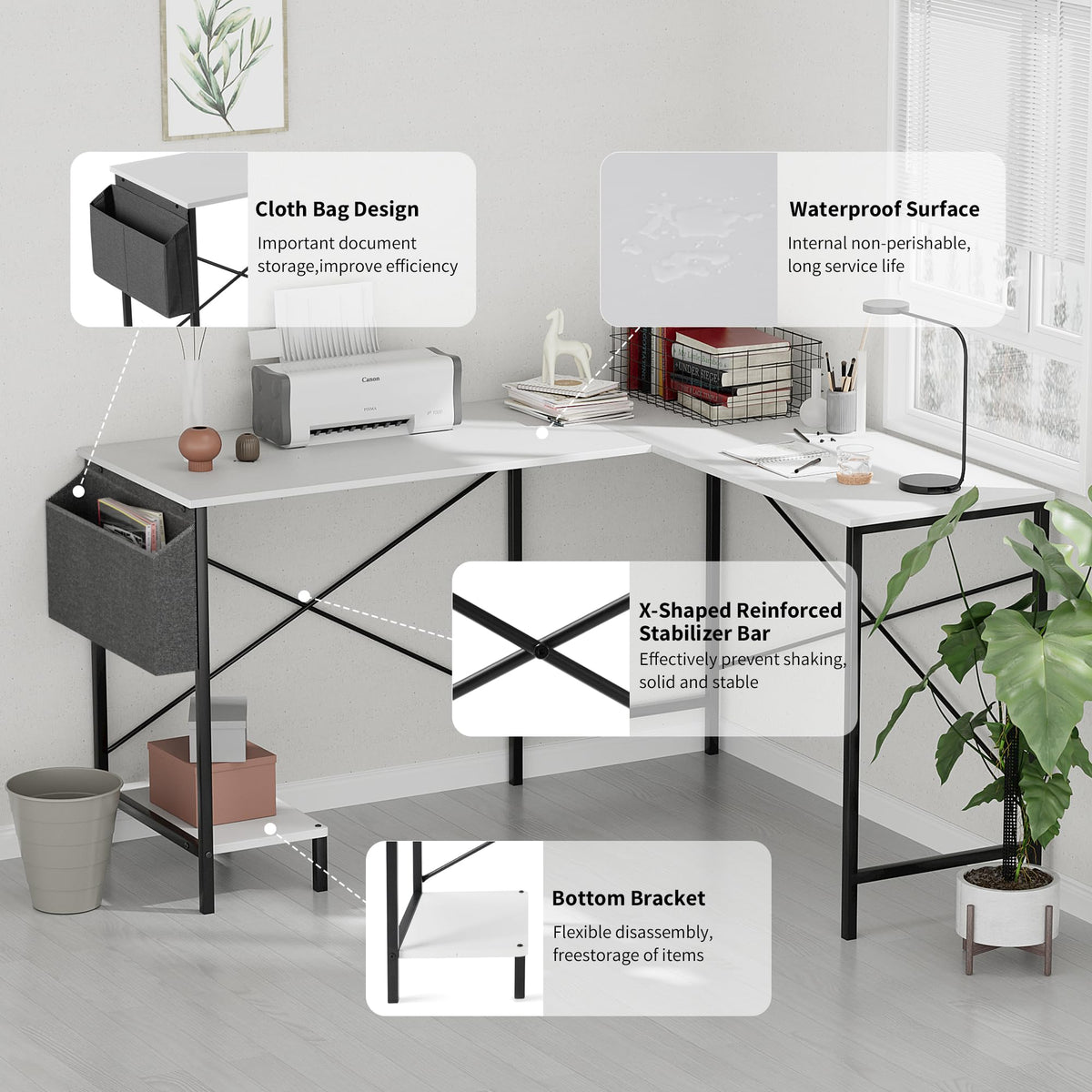 L Shaped Desk Gaming Computer 50 Inch Reversible Corner Table PC Work Table for Writing Study Student with Wood Tabletop Metal Frame CPU Stand Side Bag for Home Office Small Place