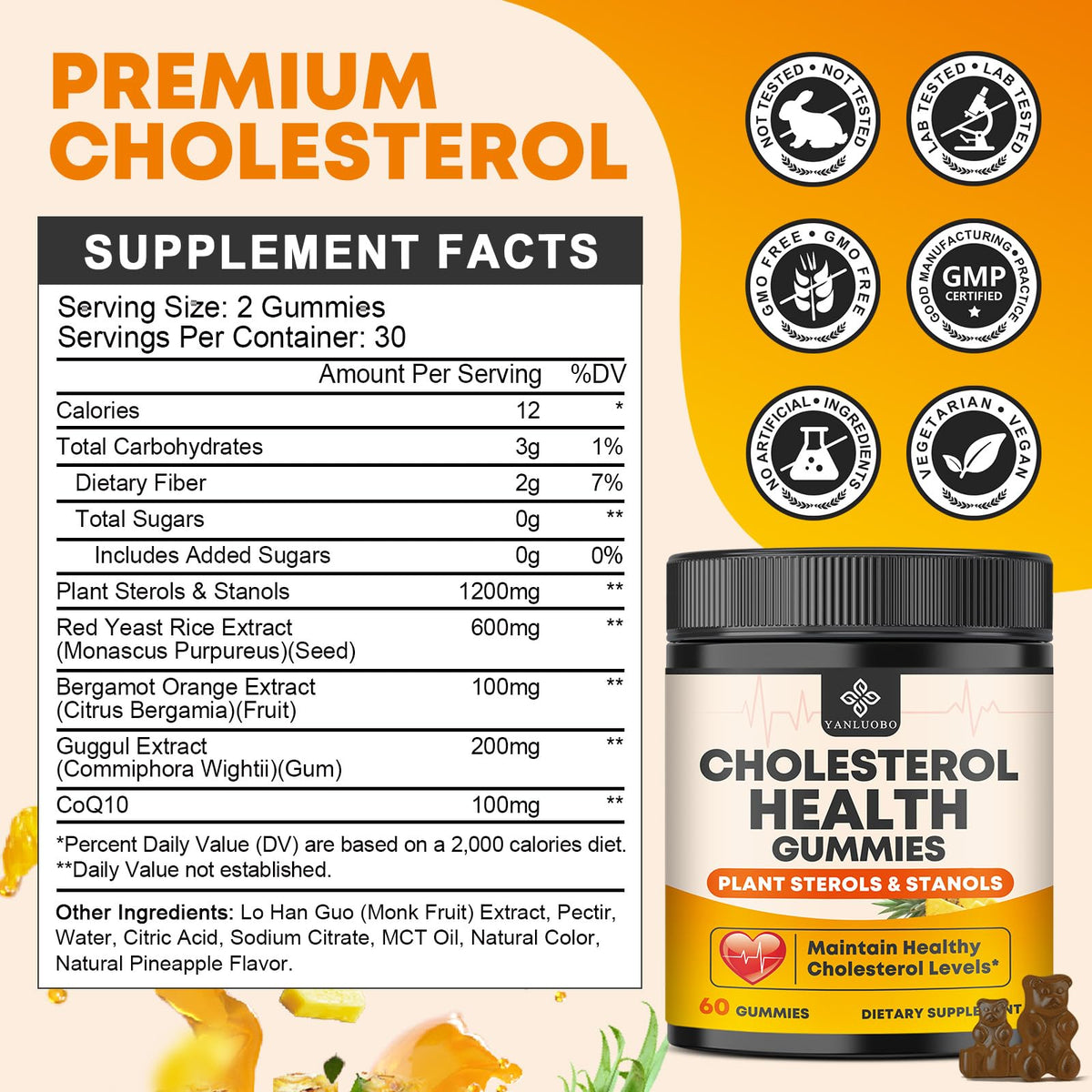 Cholesterol Supplements Gummies, Maintains Normal Levels with 1200mg Plant Sterols & Stanols, Bergamot Orange Extract, Red Yeast Rice for Women & Men, Pineapple Flavor, 60 Counts (2 Pack)