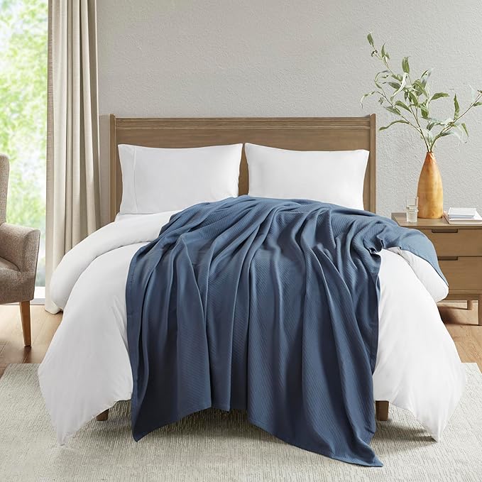 Madison Park Liquid Cotton Blanket Breathable, Softer Ring Spun Weave, Diamond Motif, Luxurious 100% Cotton All Seasons Lightweight Summer Blanket for Bed, Couch, Office, Navy, Twin