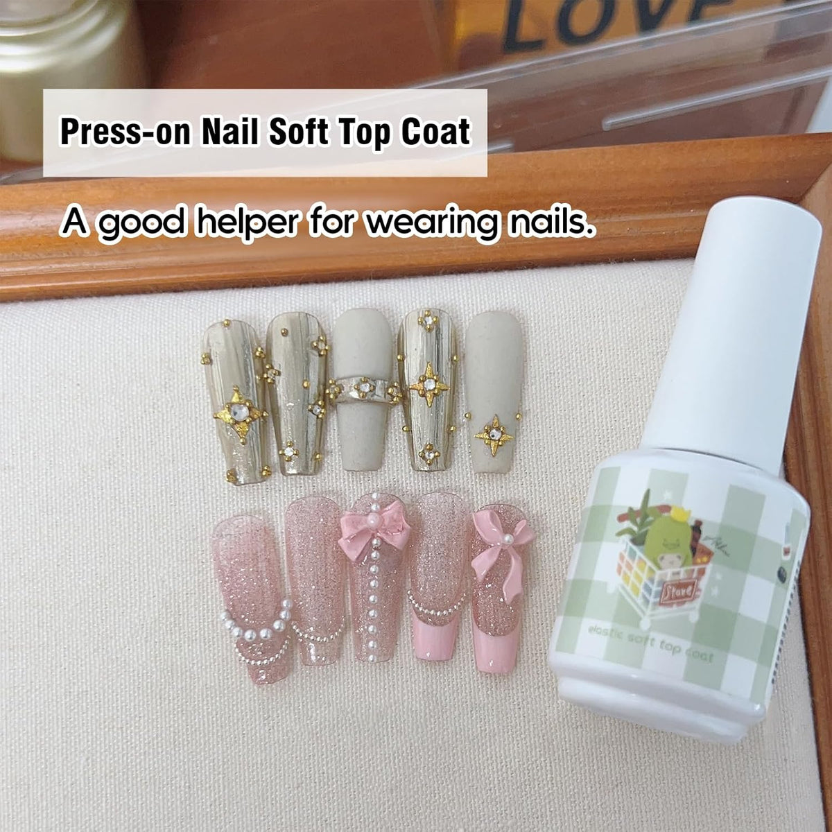 ADHERE 15ML Gel Top Coat,No Wipe Press-on Nail Soft Top Coat Nail Polish for Wearable Nails, Long Lasting with Memory Repair Function, UV Light Cured.
