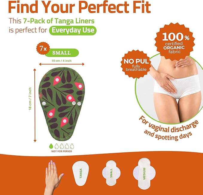 Organic Cotton Reusable Panty Liners for Women & Teens (Tanga, 7-Pack); High-Temp Washable Cloth Liners Made in EU; Stay Fresh & Dry, for Daily Vaginal Discharge Only; 100% Breathable (no PUL/TPU)