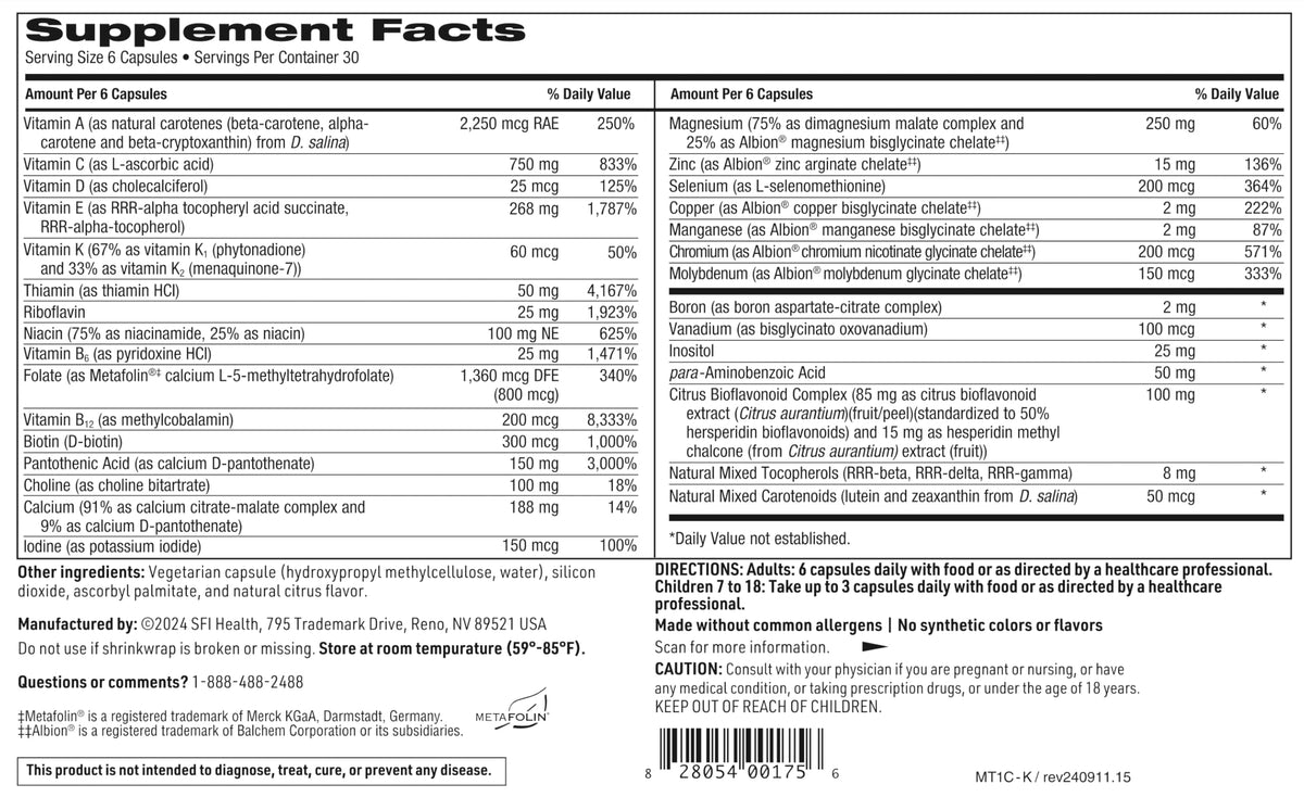 Klaire Labs SFI Health MultiThera 1 Plus K Iron-Free Multivitamin & Multimineral Capsule Formula with Vitamin K1 & K2 - High Potency with Active Folate, No Iron (180 Capsules)