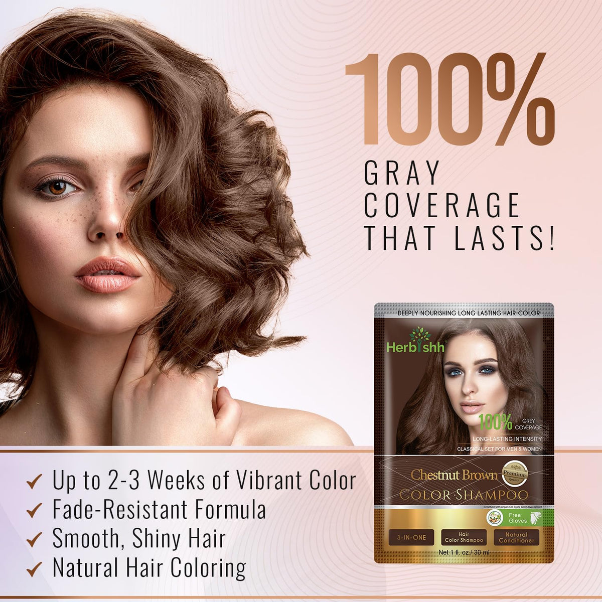 Herbishh Gray Hair Color Shampoo - Natural Argan Mask for Long-Lasting Color in Minutes - Travel Size, 10 Pack + 1 Pack, Ammonia-Free (Chestnut Brown)