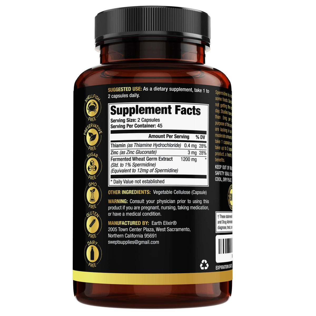 Earth Elixir Spermidine Supplements 1200mg (90 Capsules) – Anti Aging - 3rd Party Tested (12mg Spermidine Powder) Max Purity - 100% Pure Espermidina- Fermented Wheat Germ Extract - NMN Alternative