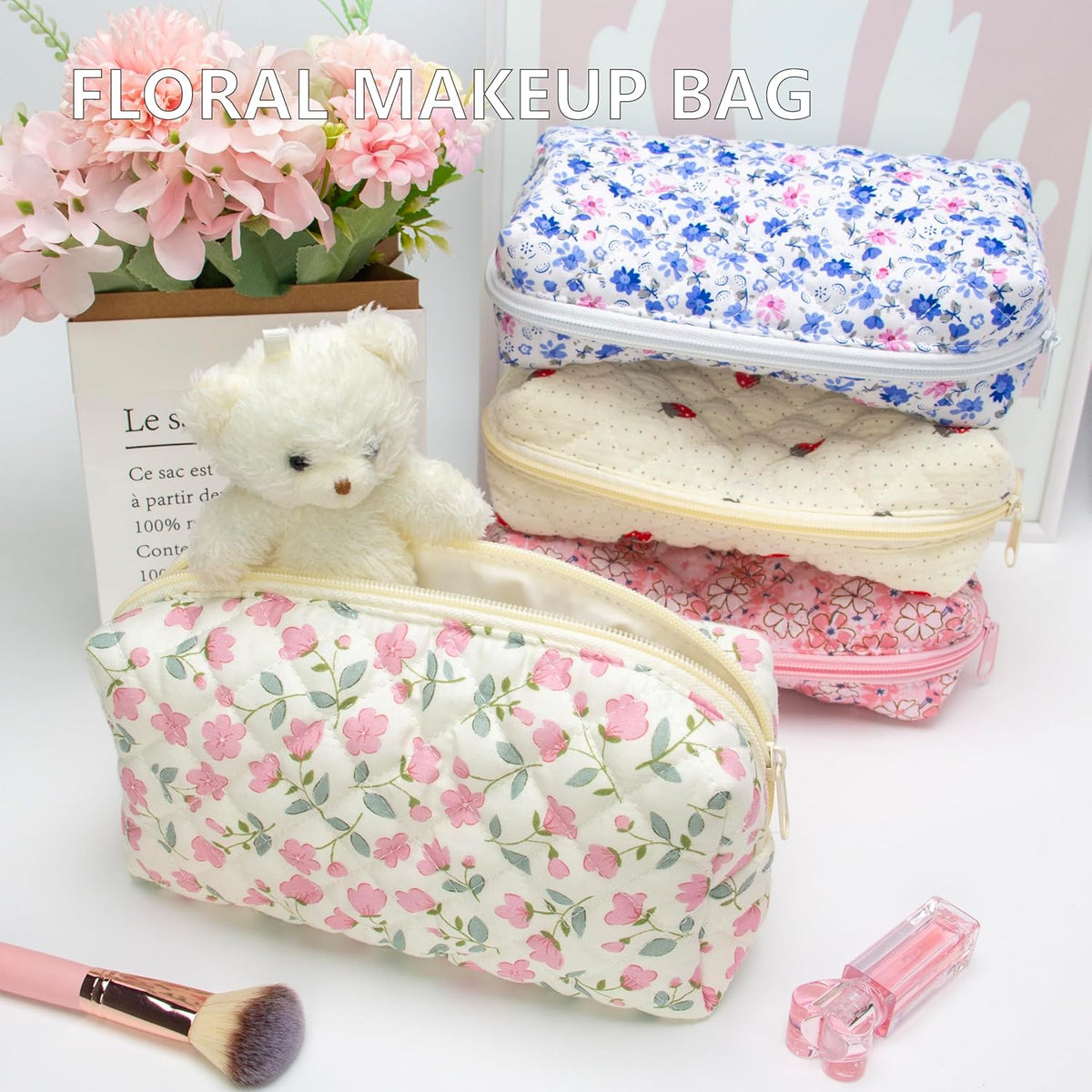 PAZIMIIK Vintage Quilted Makeup Bag Cosmetic Pouch for Brushes Pencils and Travel Make Up Accessories for Women and Girls Flower White