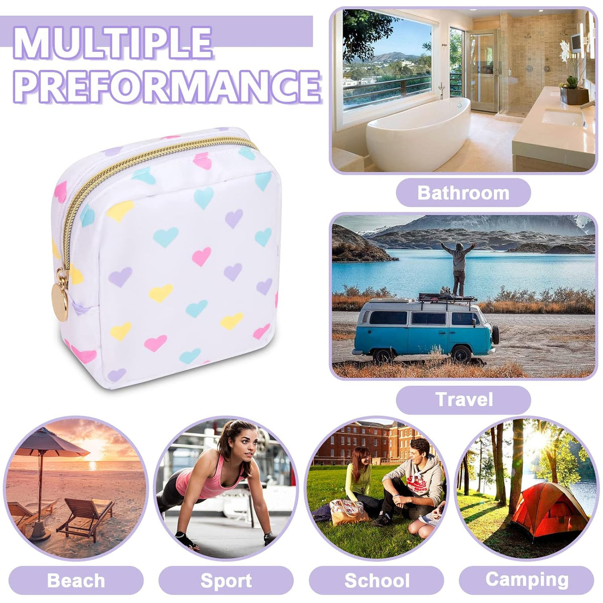 Mini Makeup Pouch for Purse, Nylon Travel Toiletry Organizers Small Cosmetic Bag for Women Girl, Checkered Cute Zipper Coin Purse Preppy Storage Bag for School Work(Mini-White Heart)