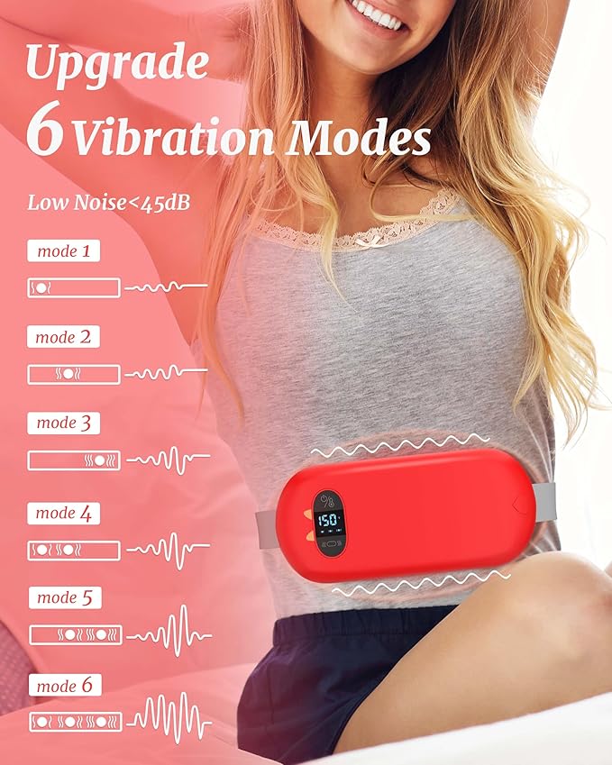 Portable Heating Pad for Cramps, Upgrade Cordless Electric Period Fast Heating Pad for Back Pain Relief Menstrual Belt 6 Heat 6 Massage Modes Gifts for Women Girls Her Girlfriend Red