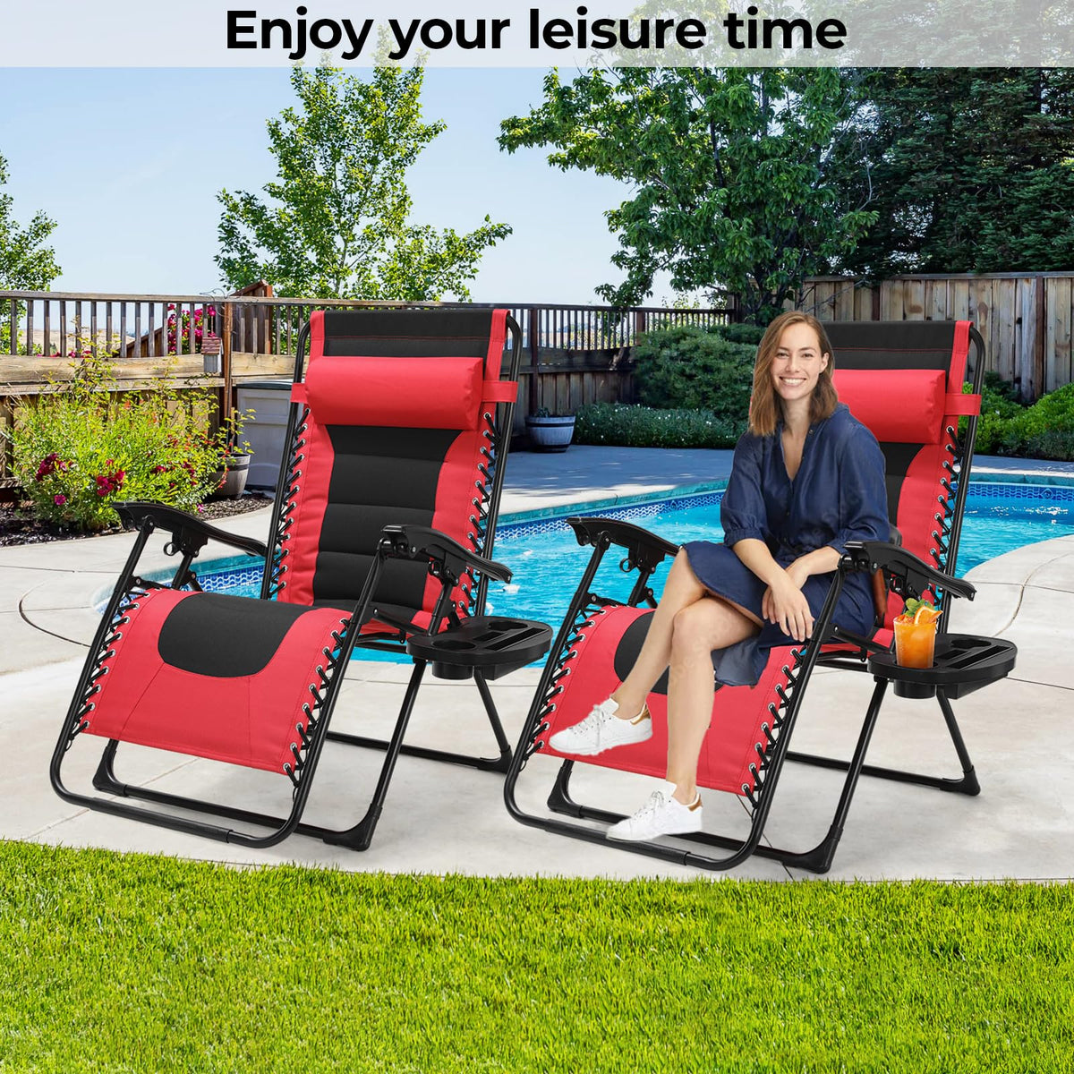 TLSUNNY Oversized Padded Zero Gravity Chair Set of 2, Folding Outdoor Patio Recliner, 24.2" Wide Seat Lounger W/Detachable Pillow & Holder Tray, Patio Furniture for Garden, 350LBS (Black/Burgundy)