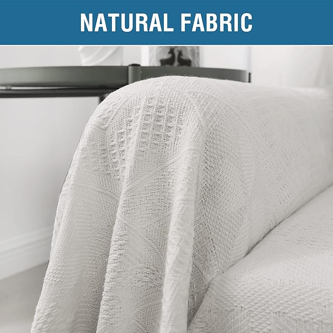 H.VERSAILTEX Cotton Sofa Covers Couch Cover Sofa Slipcover for Most Shape Sofas, Feature Thick Woven Jacquard Seamless with Tassels, Multi-Use Decorative for Couch (XX-Large: 91" x 134", White)