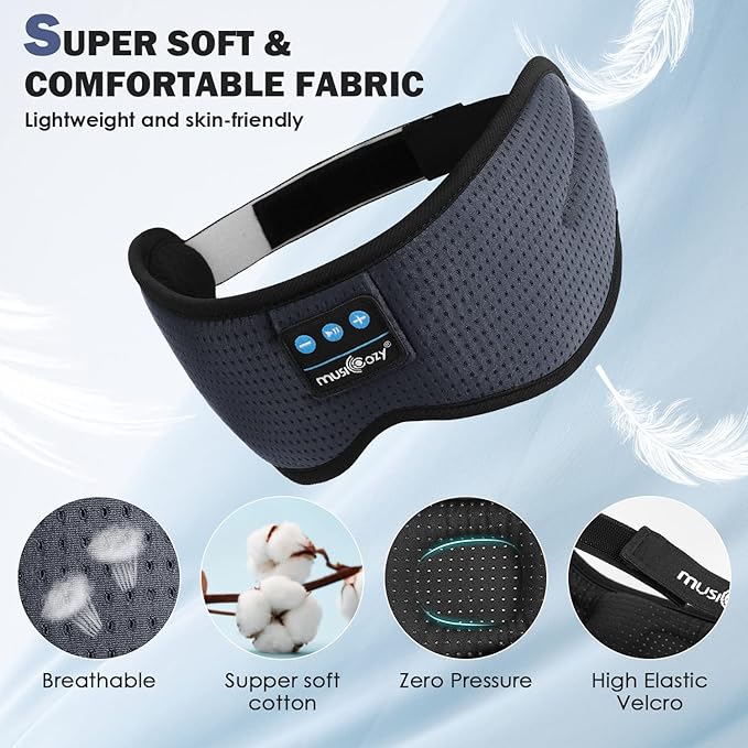 MUSICOZY White Noise Bluetooth Sleep Headphones, Bluetooth Sleep Mask 3D Wireless Music Sleeping Headphones Earbuds for Insomnia Yoga Travel Office Relax Cool Tech Gadgets Gifts, Gray