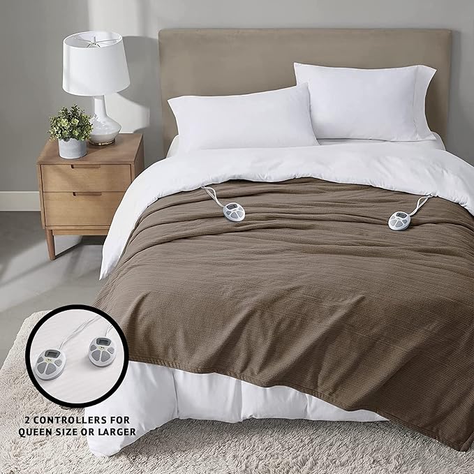 Serta Travis Fleece Ultra Soft Tri-Rib Textured Electric Blanket, Cozy and Snuggly Cover Fast Heating for Cold Weather, Auto Shut Off, Multi Heat Setting Controller, Queen, Stone Brown