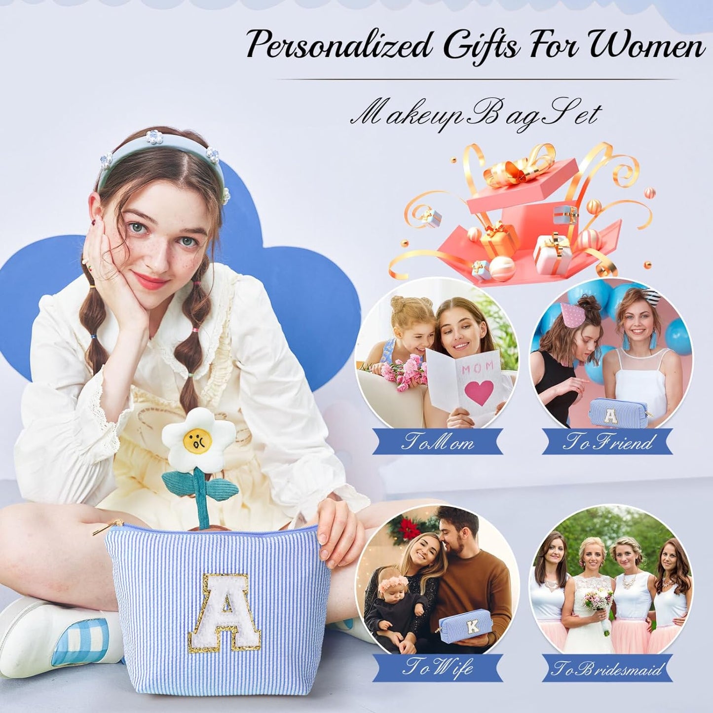 YOOLIFE Cute What Makes Up Bag - Blue Cotton Travel Essentials Cosmetic Beauty Graduation Engagement Personalized Thank You Gift For Women, Friend, Sister