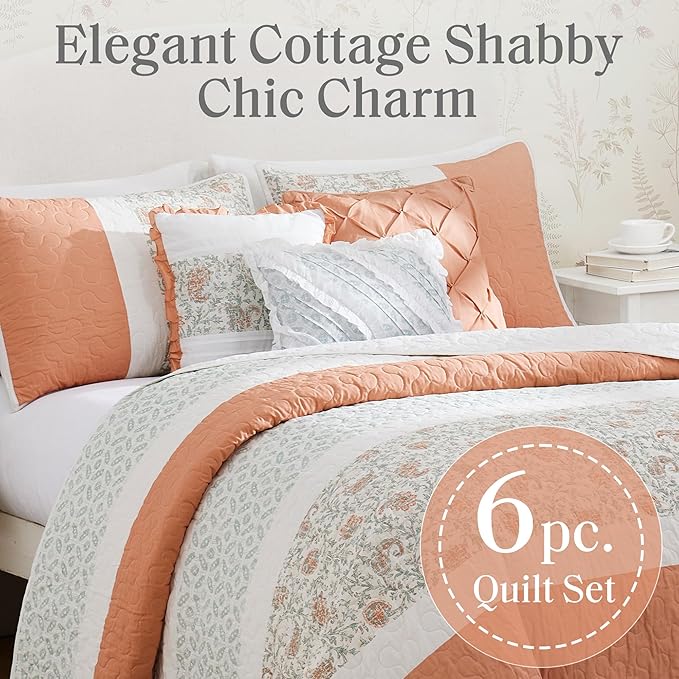 Madison Park 100% Cotton Quilt Set Floral Print, Double Sided Stitching, All Season, Lightweight Coverlet Shabby Chic Bedding Layer, Matching Shams, King/Cal King, Coral 6 Piece