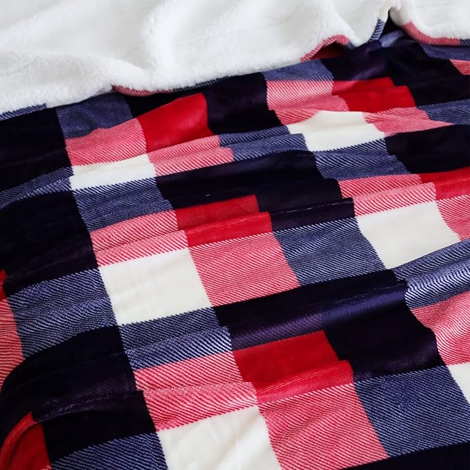 SOCHOW Buffalo Plaid Sherpa Fleece Throw Blanket, Double-Sided Checkered Super Soft Luxurious Bedding Blanket 50 x 60 inches, Red/Blue