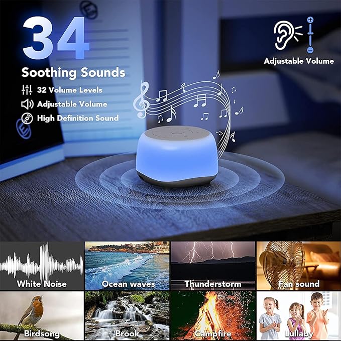 White Noise Machine with 7 Color Night Light and 34 Sleep Aid Sounds for Soothing Emotions, Promoting Sleep, Sound Machine with Timer Adjustable Brightness for Baby Kids Adults（C）