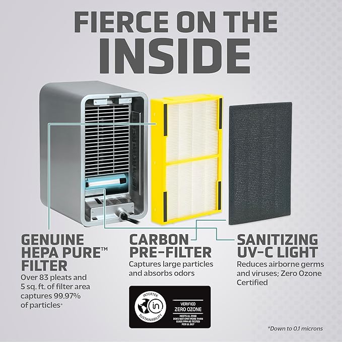 GermGuardian Air Purifier with HEPA Filter, Removes 99.97% of Pollutants, Covers up to 338 Sq. Foot Room in 1 Hr, UV-C Light Helps Reduce Germs, Zero Ozone Verified, 2-Pack, 11", Silver, AC41002PK