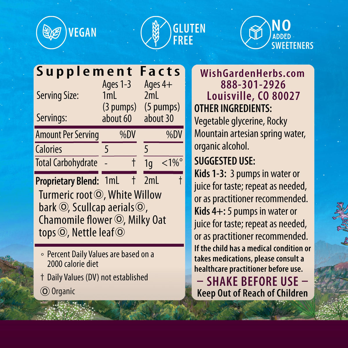 WishGarden Herbs Growing Pains Ache Away for Kids - Plant-Based Herbal Supplement with Turmeric & Willow Bark Soothes Children's Growing Pains & Scullcap & Chamomile Calms and Soothes Upset, 2oz