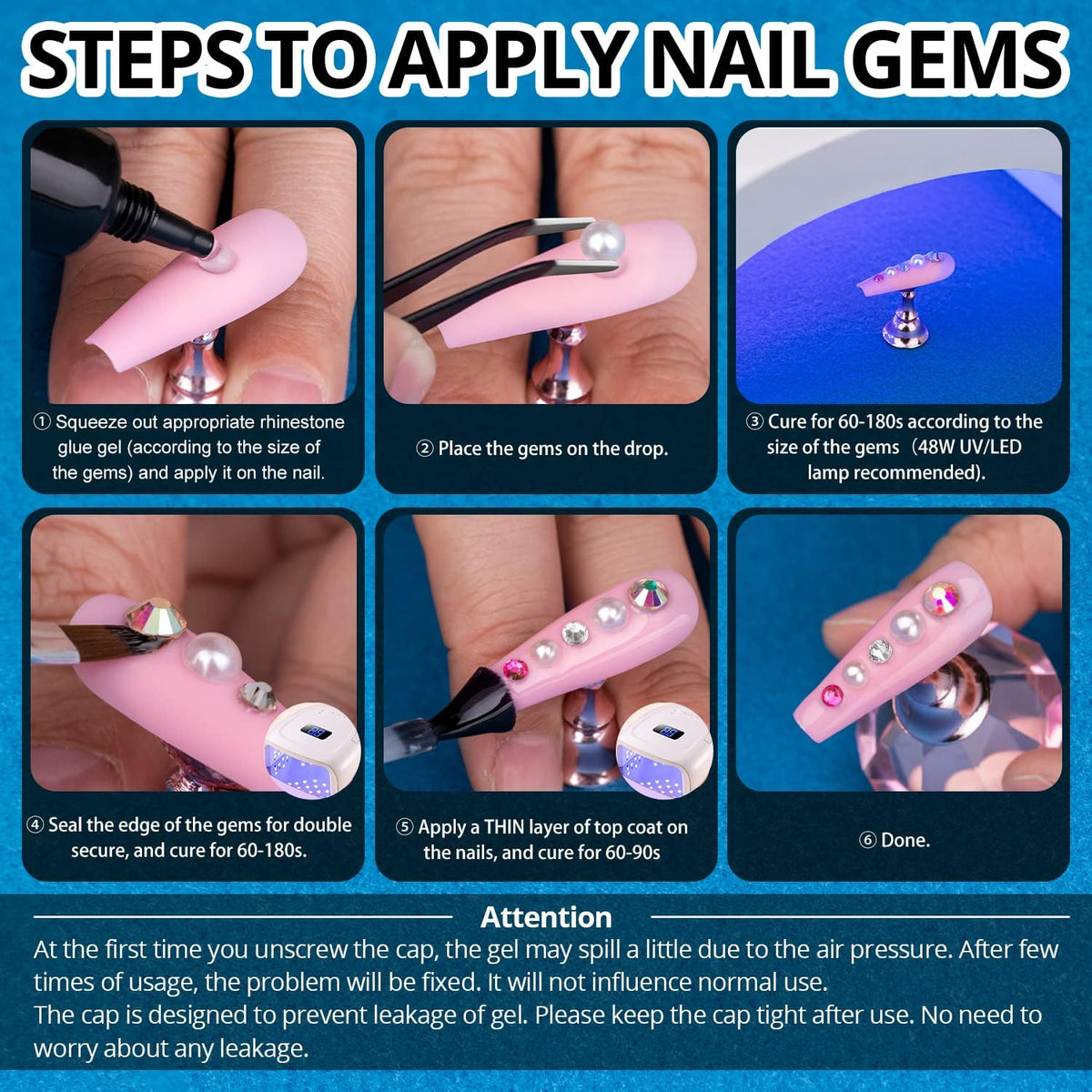 Nail Art Rhinestone Glue Gel&Flatback Gems Accessories Kit, 1 Tube of 15ml Rhinestone Gel Glue(UV/LED Needed)+1 Box of Flat-Back Half Round White Pearls with Pickup Pencil and Tweezer
