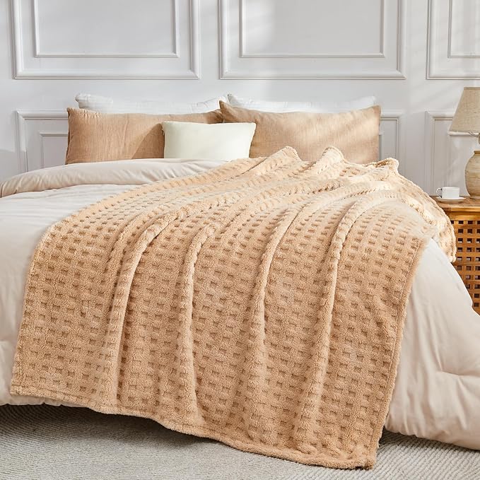 NEWCOSPLAY Super Soft Twin Blanket Brown Premium Silky Flannel Fleece 3D Waffle Checkered Lightweight Bed Blanket All Season Use (Brown, Twin(60"x80"))
