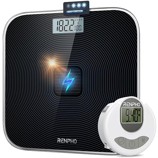 RENPHO Scale for Body Weight & Smart Tape Measure, Non-Bluetooth Solar-Powered Digital Bathroom Scale Charged by Sunlight/Indoor Lights, Body Measuring Tape for Weight Loss, 60in /150cm