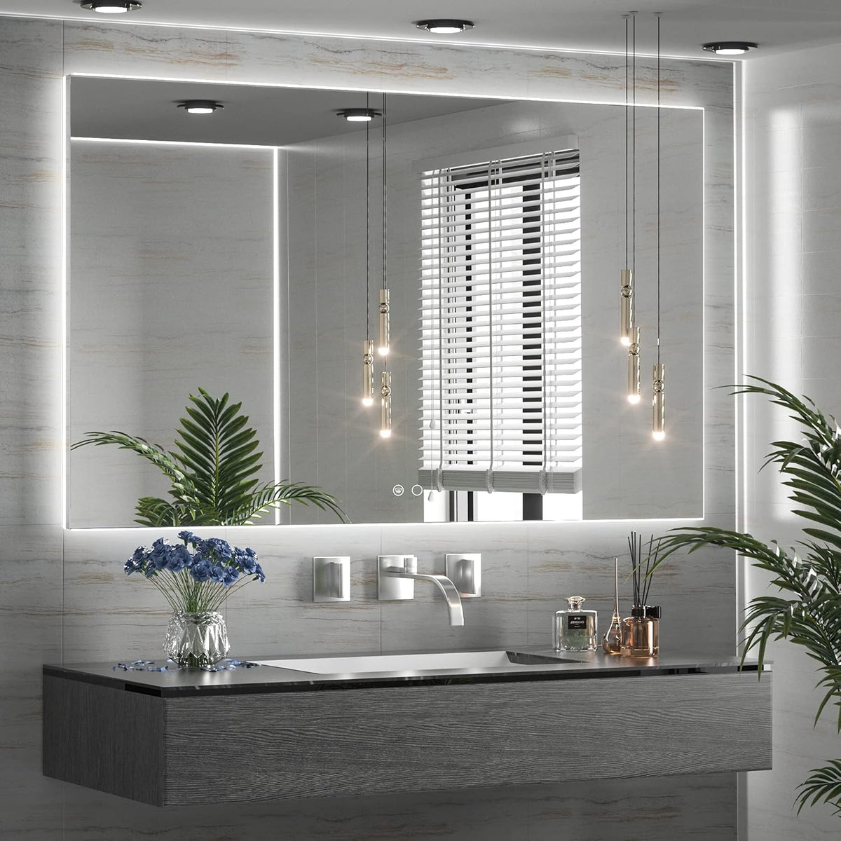 TETOTE 60 x 40 LED Backlit Bathroom Mirror with Light,3 Color White/Warm/Natural,Anti-Fog Lighted Mirror,Dimmable,Vanity Mirror,Wall Mounted