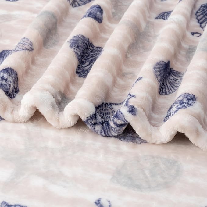 Berkshire Blanket-Classic Heavyweight Soft Printed VelvetLoft® Plush Warm Blanket, Twin Size Soft Fuzzy Blanket for Couch Sofa Bed, Classic Shells Navy, 60in x 90in