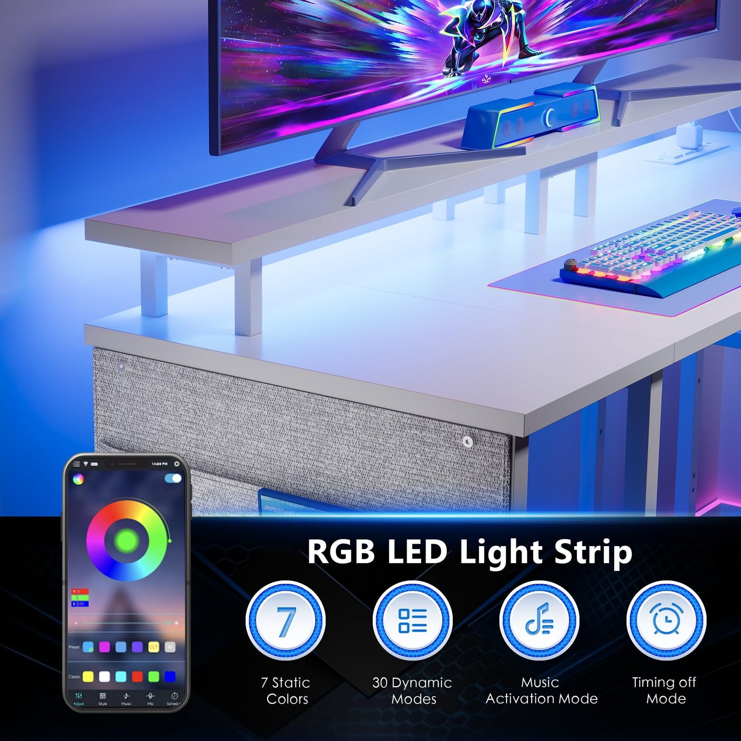 Maihail 51 inch L Shaped Desk with LED Lights & Power Outlets, Reversible Gaming Desk with Shelves & Monitor Stand, Computer Desk with Storage Side Bag，Corner Desk for for Bedroom Gaming Room, White.