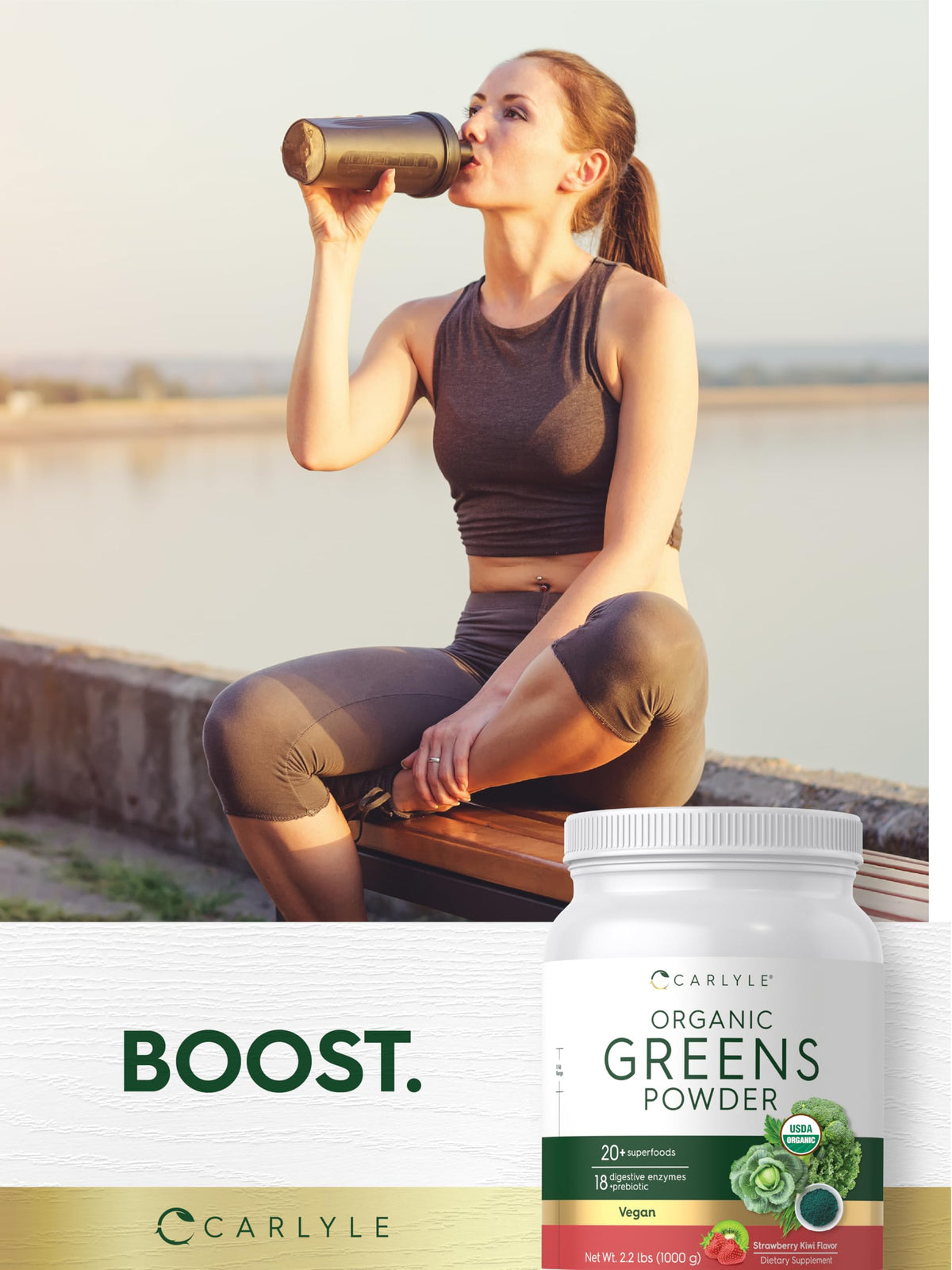 Carlyle Organic Greens Powder | 35.2 oz Supplement | Strawberry Kiwi Flavor | Relieves Occasional Gas, Discomfort & Bloating | with 20+ Superfoods, and Prebiotics | Vegan, Non-GMO and Gluten Free