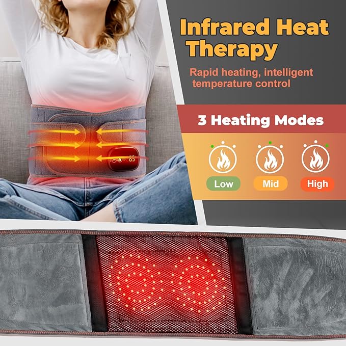 Cordless Heating Pad with Vibration for Back Pain Relief, XL Heated Back Belt Wrap with 3 Fast Heating and Vibration Massage Modes, 5000mAh Battery Operated Heat Pad for Back, Waist, Lumbar (Grey)