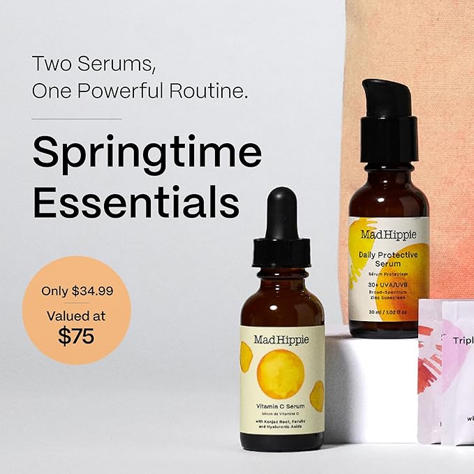 Mad Hippie Springtime Essentials Skin Care Kit – Daily Protective SPF 30+ & Vitamin C Face Serum Wrapped in an Artful Tote Bag with 3 Samples