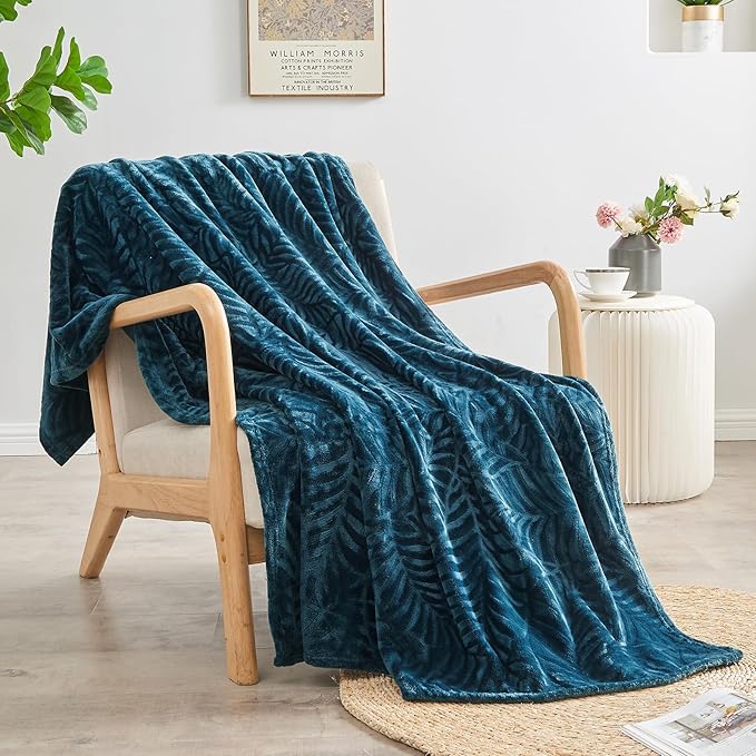 SOCHOW Super Soft Flannel Fleece Throw Blanket, Lightweight Cozy Warm Leaves Textured Plush Blanket for Bed Couch Sofa, 50 x 60 Inches, Blue Coral