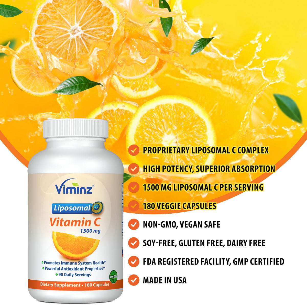 Viminz Liposomal Vitamin C 1500mg – 180 Capsules – Made in USA – High Absorption Immune & Collagen Support – Bioavailable Antioxidant Formula – Non-GMO, Gluten Free & Soy Free