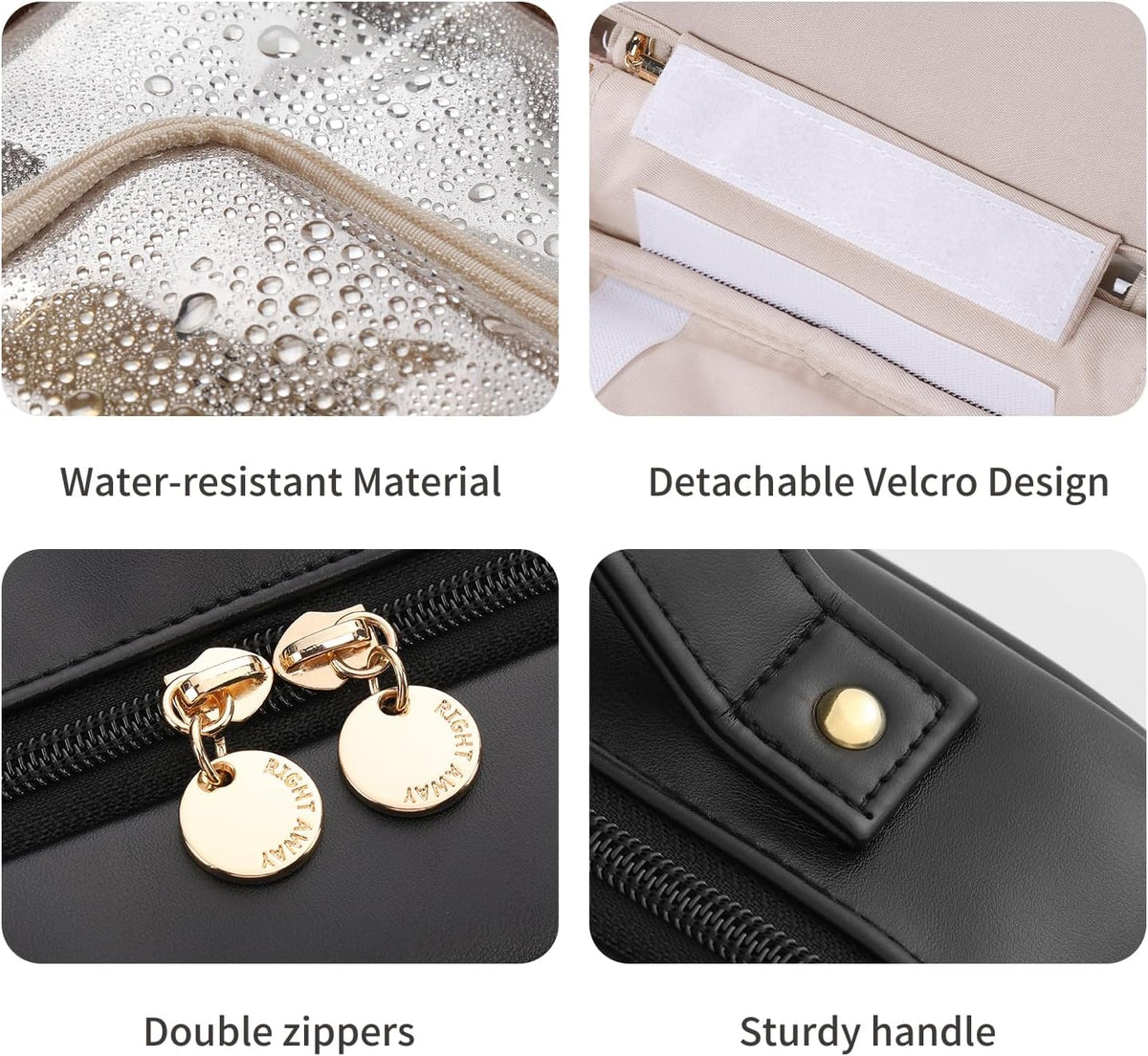 RIGHT AWAY Travel Toiletry Bag for Women, Makeup Bag& Cases, Waterproof Makeup Organizer Cosmetic Bag with Compartments,Portable Make Up Bag for Travel Size Toiletries,Skincare,Brushes Set,Black