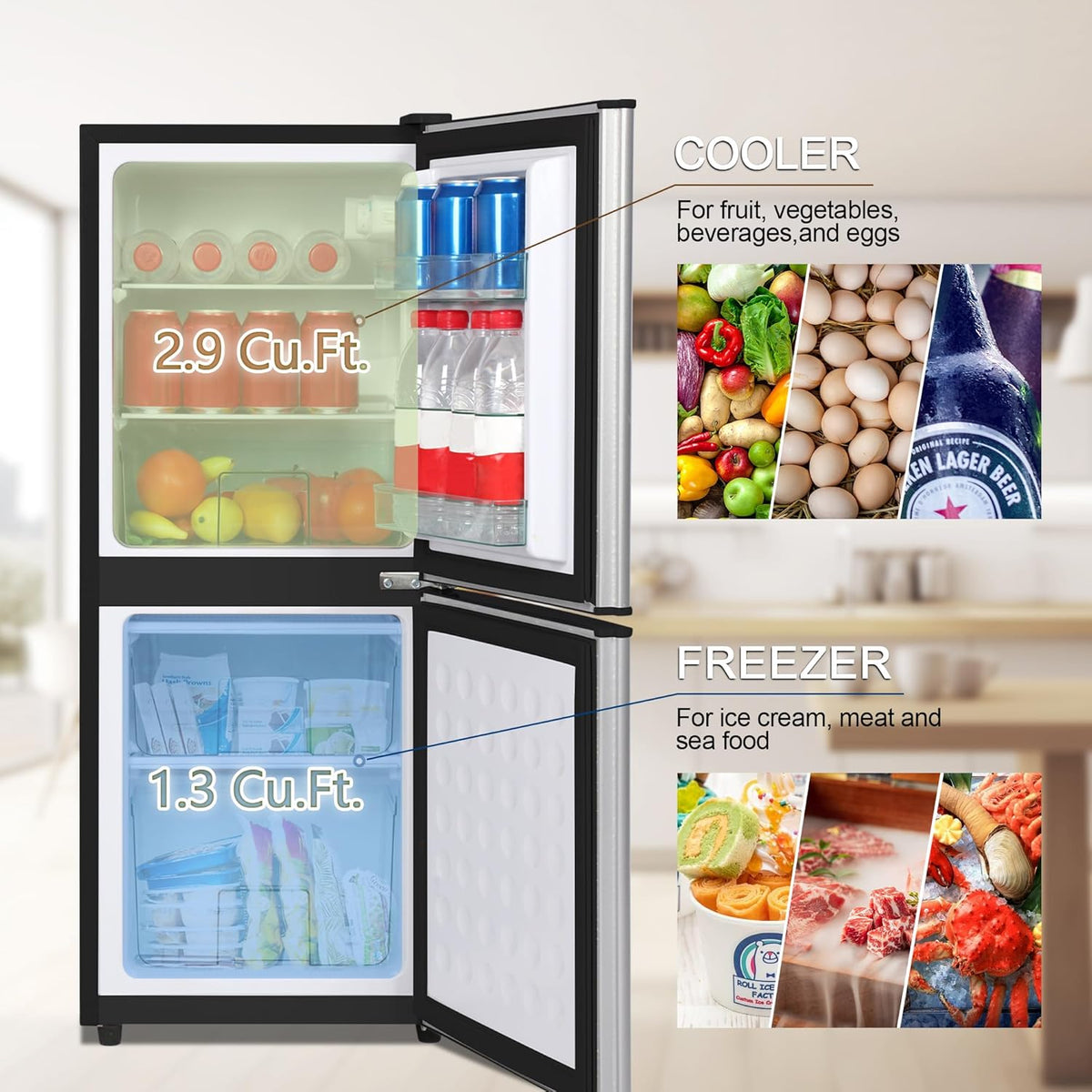 Small Fridge with Freezer 4.2 Cu.Ft., Mini Fridge and Freezer for Dorm with Adjustable Thermostat, Apartmet Size Fridge with Freezer Compact Fridge for Kitchen, Dorm, Office, Silver