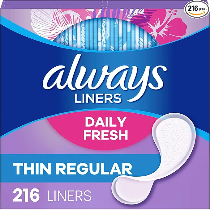 Always Daily Fresh Thin Liners, Regular Absorbency, Unscented Panty Liners, 216 Count (Packaging May Vary)